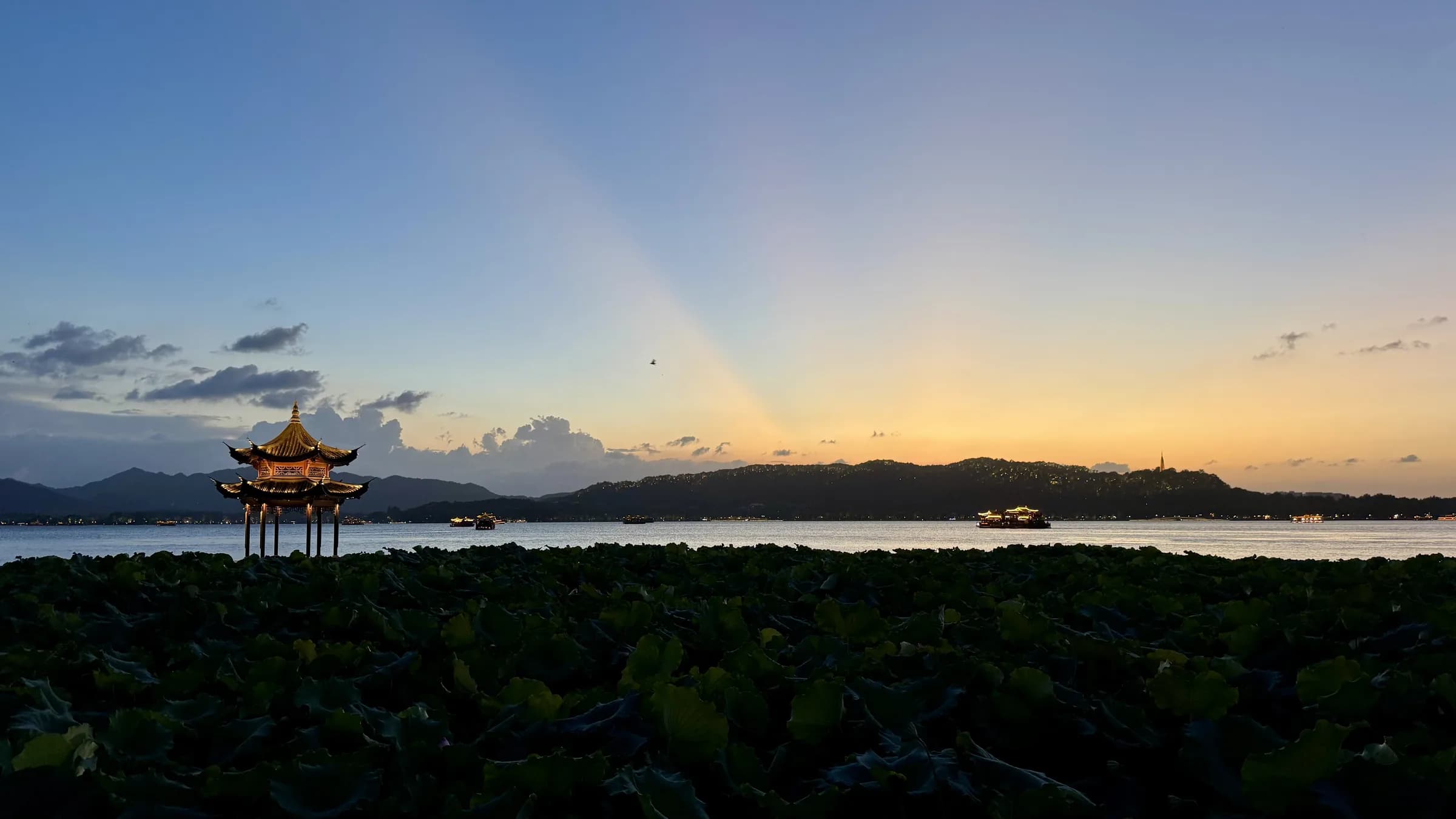 Sunset spreading over West Lake in Hangzhou
